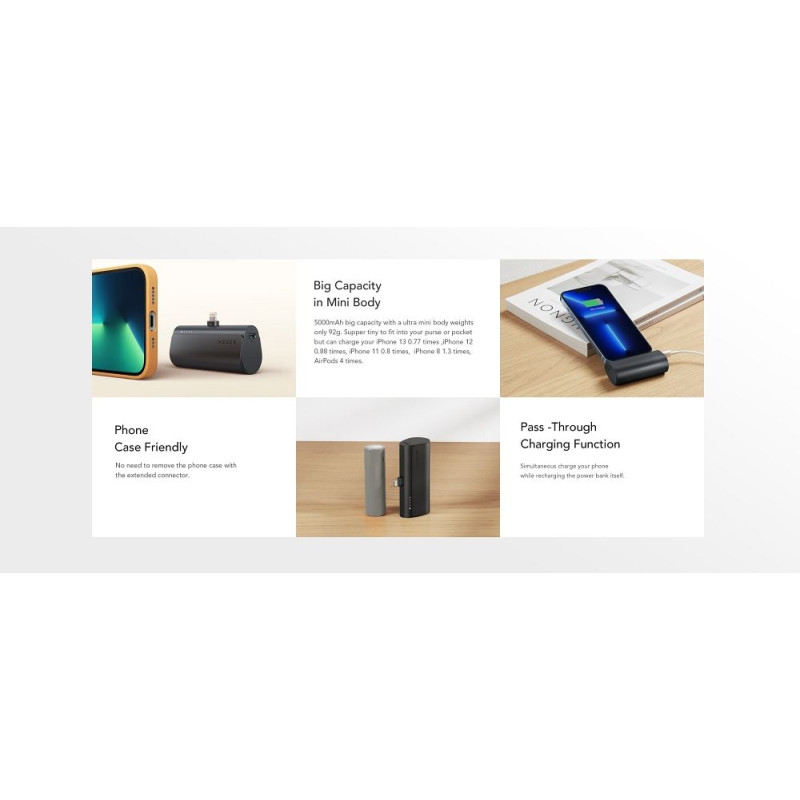 Universal Power Bank PlugOn - 5000mAh with build connector for Lightning 8-pin PD 20W