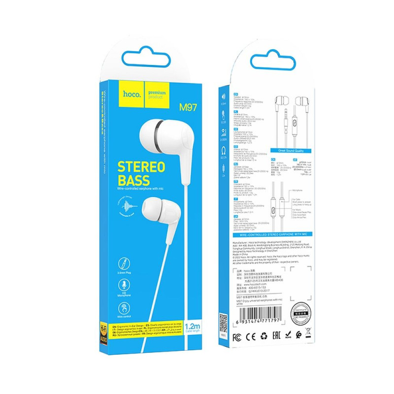 Austiņas ar vadu Universal earphones universal with mic M97 Balta