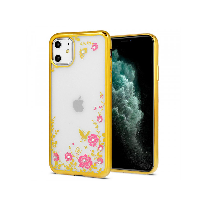 Viedtālruņa aizmugurējais vāciņš Apple iPhone 12 Pro Diamond Flower Gold, Transparent, With Design