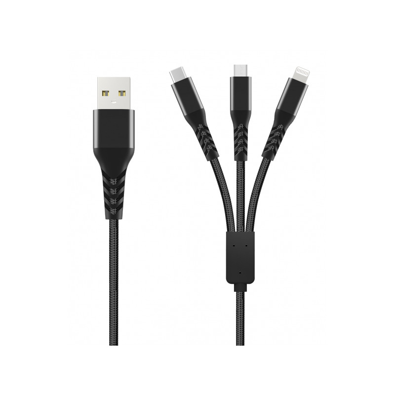 Kabelis Unravel Braided 3in1 USB-A to Lightning / Type-C / Micro USB Black