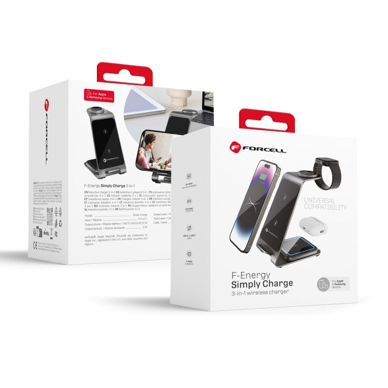 Bezvadu lādētājs Wireless charger Forcell FEnergy 3in1 Simply Charge aluminium compatible with Apple Watch and Samsung Grey